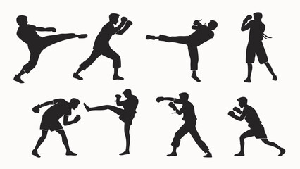 Silhouettes of martial arts fighters. Dynamic combat poses, kicking and punching. Sport, training, self-defense, fitness, strength.