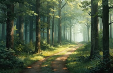 Fototapeta premium Winding dirt path through sunlit forest with tall trees, rich green foliage. Sunlight filters through canopy, creating dappled shadows on trail. Serene scene evokes sense of peace, nature beauty,