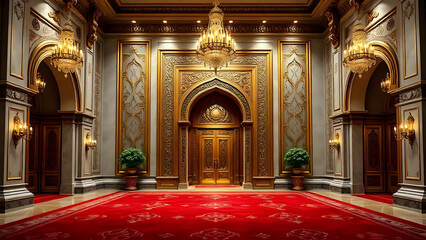 Royal palace lobby wall art, golden arched doors, red velvet carpet, marble columns, grand chandeliers, ornate frame pattern on wall, rich Indian Mughal motifs, antique finish.