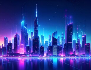 Obraz premium Futuristic cityscape with neon lights and reflections