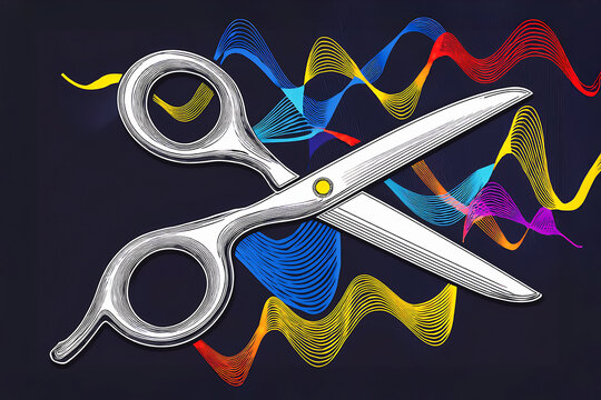 Silver Scissors with Colorful Waves on Black Background