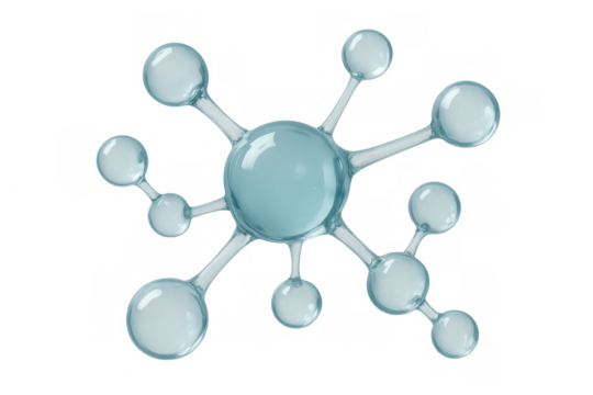 Glass molecule structure connecting atoms, forming complex bonds, ideal for scientific or medical visualizations, with transparent background