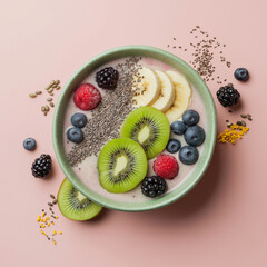 Flat lay of a colorful smoothie bowl topped with sliced kiwi, banana, blueberries, raspberries, blackberries, and chia seeds on a soft pink background.