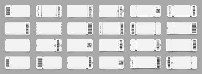 Realistic empty mockups with barcodes for cinema, theater, events, transport or boarding airplane, vouchers and coupons for shops. Vector design template for your text.
