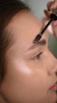 Close-up of eyebrows on which permanent eyebrow makeup is performed, combing eyebrow hairs with a brush. Permanent makeup procedure, performing PMU of eyebrows