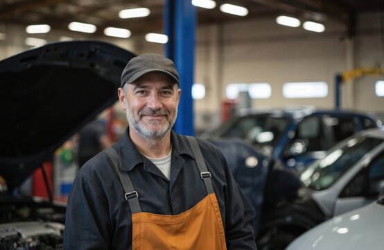 Smiling middle-aged mechanic stands in auto repair shop with cars and tools. Experienced technician in uniform wears cap and orange apron, ready for vehicle maintenance and fixing engines.