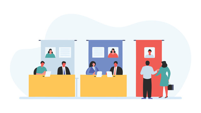 Illustration of a job fair with recruiters and candidates in a professional setting event scene