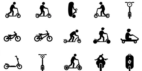 Electric Urban Transport Rent Black Silhouette Icon Set. Man Gyro scooter Bike Roller Skate Board Kick Scooter Unicycle Glyph Pictogram. Eco Device Transportation Symbol. Isolated Vector Illustration