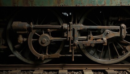 Fototapeta premium Close-up of vintage steam engine wheels, intricate mechanics on railway tracks. Features rustic metal, steel components, heavy-duty engineering details. Represents industrial, classic transport