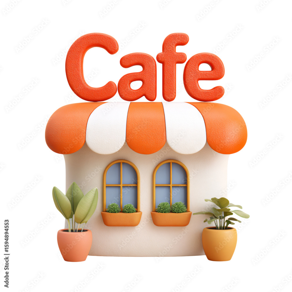 Fototapete cute 3d rendered cafe building with text sign. small shop facade with awning and colorful pots. reta