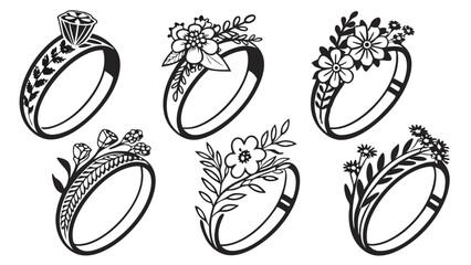 Elegant wedding and engagement rings collection with floral designs. Jewelry set, black and white vector outline illustration.