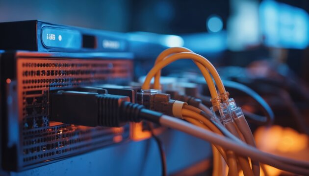 Closeup of computer server racks with connected network ethernet cables. Blue, orange lighting highlights data center infrastructure. Modern technology hardware for digital communication, information