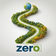 Illustration of a green winding road shaped like an &ldquo;S&rdquo; through forests, leading to Earth, symbolizing a journey to zero emissions.
