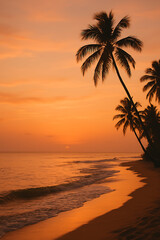 Golden sunset bathes a tropical beach scene with palm trees silhouetted against the orange and yellow sky and gentle waves.