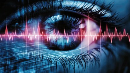 Close-up of eye with digital heartbeat overlay, blending technology and biology - Powered by Adobe
