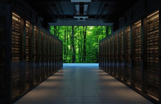 Modern data center hallway filled with server racks juxtaposed against vibrant green forest. Technology infrastructure meets nature, symbolizing sustainable computing, eco-friendly digital innovation.