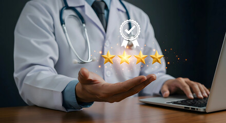 Customer Service Excellence: Doctor with quality assurance badge and glowing stars, representing top-tier healthcare and patient satisfaction.


