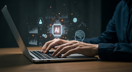 Person using laptop, AI interface displayed, data analysis, technology concept.