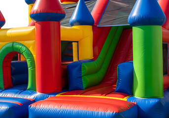 Close-up of a colorful inflatable bouncy castle, isolated on a white background. Focus on the texture and details of the material. Children's playground outdoor toy with slides, towers. Fun activity f