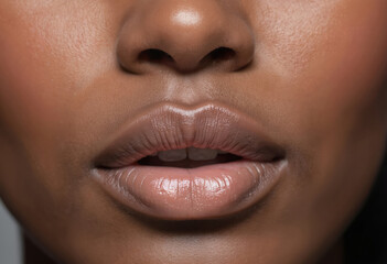 Macro shot of African-American woman mouth with plump, glossy lips. Features dark skin, natural full lips, subtle makeup. Perfect for beauty, cosmetic, skincare advertising, promoting lip gloss lip