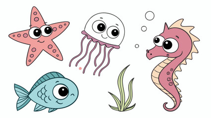 Cute cartoon sea animals set. Adorable marine life collection with starfish, jellyfish, seahorse, and fish for kids design.