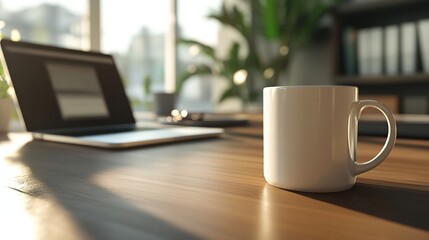 A white coffee mug sits on a wooden table near an open laptop in a cozy, sunlit workspace with plants and books in the background.