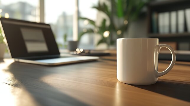 A white coffee mug sits on a wooden table near an open laptop in a cozy, sunlit workspace with plants and books in the background.