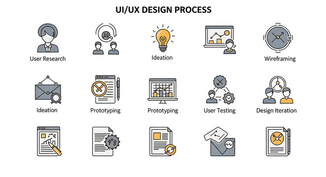 Ui ux design process steps displayed with icons representing user research and design iteration phases ai genrated