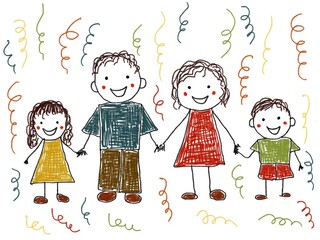 Like children drawing family mother father son daughter illustration drawn with pencils mummy daddy sister brother party holiday festive	
