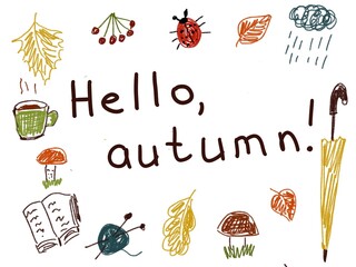 Hello autumn like children drawing on white background sketch doodle