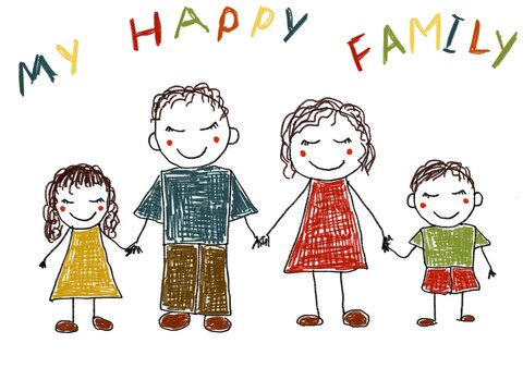 Like children drawing family mother father son daughter illustration drawn with pencils mummy daddy sister brother