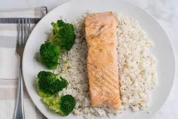 baked salmon  on rice with broccoli