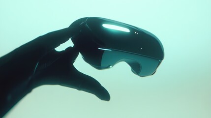 Hand Holding Futuristic AR Glasses with Luminous Details on Teal Background