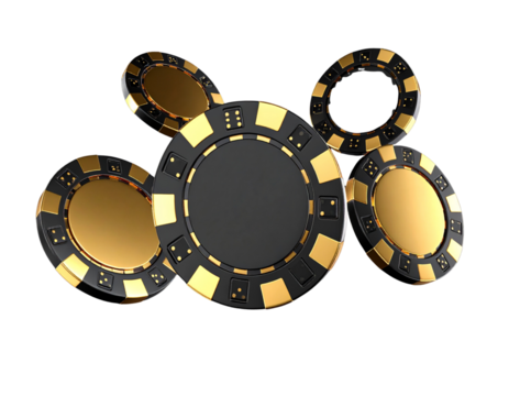  Gold and Black Casino Chips Floating – Dark Background PNG