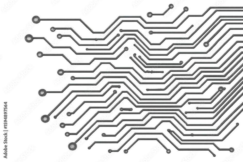 Poster metallic lines forming a circuit pattern, connecting dots on a transparent background, creating a te