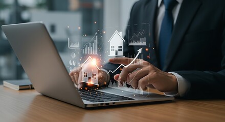 A businessman in a suit uses a laptop with holographic projections of houses and upward trending graphs, symbolizing real estate investment growth.