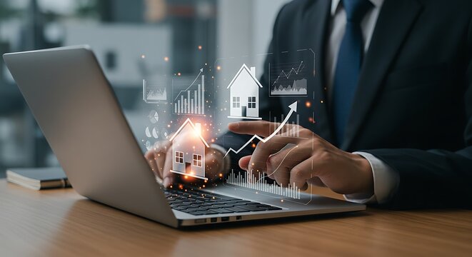 A businessman in a suit uses a laptop with holographic projections of houses and upward trending graphs, symbolizing real estate investment growth.