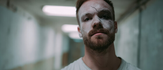Man with cracked porcelain ghost makeup stands in dimly lit hallway