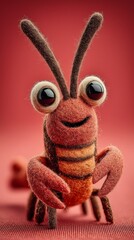 Fototapeta premium A wide eyed felted crayfish stares ahead in comic excitement , monochrome coral backdrop