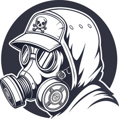 Cartoon vector illustration of a soldier in a gas mask and helmet, with a skull-like face design