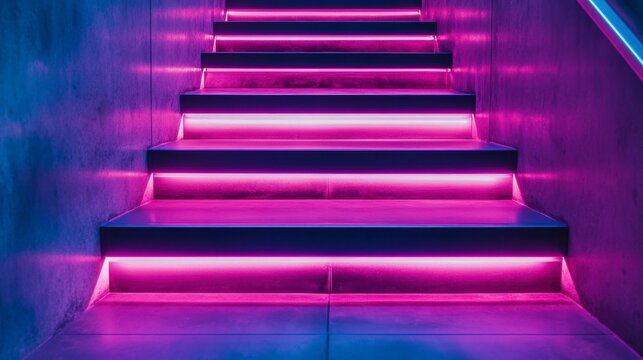 Pink and purple neon lights illuminate modern stairs.