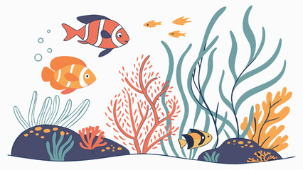 Vibrant underwater world with colorful tropical fish, coral, and seaweed. Ocean marine life background.
