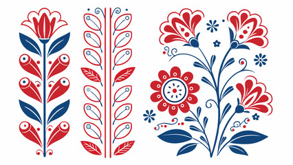 Traditional folk art floral patterns, red and blue decorative flower designs, ethnic ornament elements, vector illustration.
