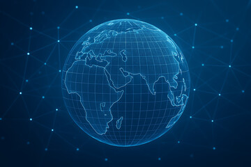Naklejka premium A digital globe with interconnected nodes, conveying global connectivity and network technology in shades of blue, representing worldwide communication.