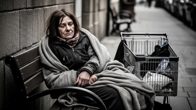 Homeless Woman Resting on a City Bench, Wrapped in a Blanket, Highlighting Urban Vulnerability and Social Issues
