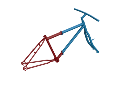 Vibrant 3D Illustration of a Disassembled Bicycle Frame Components on Transparent PNG Background | Essential Cycling Equipment Maintenance and Repair Concept Diagram with Red and Blue Contrast.