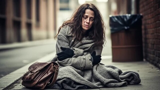 Vulnerable Woman Huddled on Urban Street, Representing Homelessness and Despair