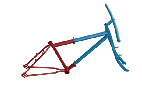 Vibrant Red and Blue Bike Frame Component. Detailed Isolated HD Image of Bicycle Chassis, Fork, and Handlebars, Ideal for Repair, Manufacturing, and Sport Equipment Digital Assets. Transparent PNG.