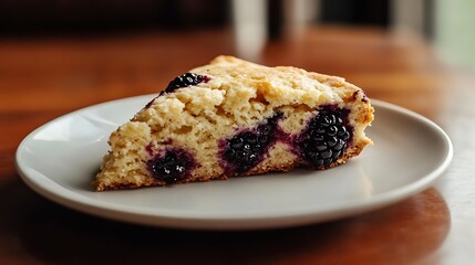 A slice of blackberry scone served on a white plate