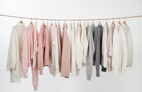 Row of white and pink sweaters hangs on clothesline. Various styles neatly arranged showcase organization and order. Cozy knitwear collection for autumn winter season, retail boutique fashion.